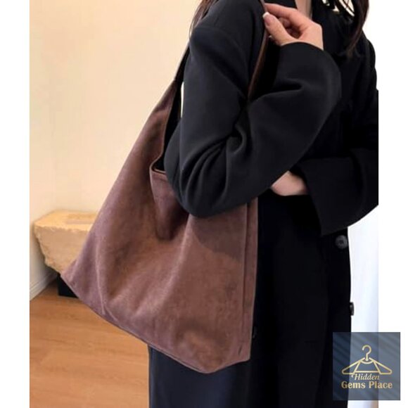 Large Slouchy Suede Hobo Tote Shoulder Bag with Top Handle - Picture 5 of 7